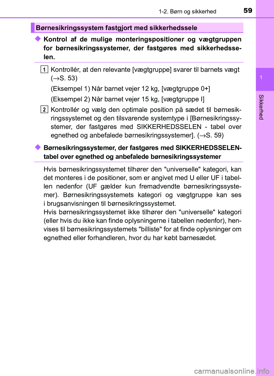 TOYOTA AYGO 2018 Brugsanvisning (in Danish) 591-2. Børn og sikkerhed
1
Sikkerhed
OM99R11DK
uKontrol af de mulige monteringspositioner og vægtgruppen
for børnesikringssystemer, der fastgøres med sikkerhedsse-
len.
Kontrollér, at den relevan TOYOTA AYGO 2018 Brugsanvisning (in Danish) 591-2. Børn og sikkerhed
1
Sikkerhed
OM99R11DK
uKontrol af de mulige monteringspositioner og vægtgruppen
for børnesikringssystemer, der fastgøres med sikkerhedsse-
len.
Kontrollér, at den relevan
