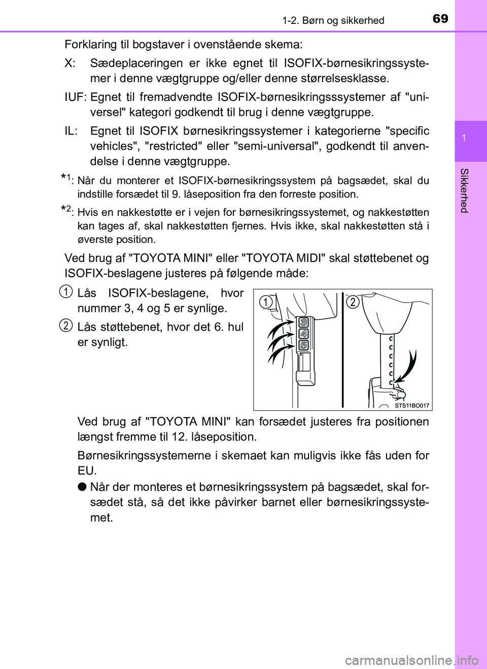 TOYOTA AYGO 2018  Brugsanvisning (in Danish) 691-2. Børn og sikkerhed
1
Sikkerhed
OM99R11DK
Forklaring til bogstaver i ovenstående skema:
X: Sædeplaceringen er ikke egnet til ISOFIX-børnesikringssyste-
mer i denne vægtgruppe og/eller denne 