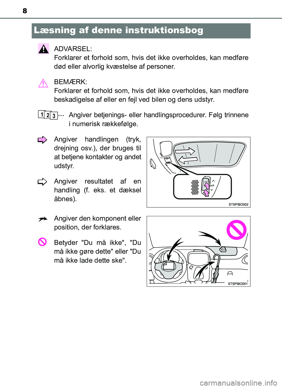 TOYOTA AYGO 2018  Brugsanvisning (in Danish) 8
OM99R11DK
Læsning af denne instruktionsbog
ADVARSEL: 
Forklarer et forhold som, hvis det ikke overholdes, kan medføre
død eller alvorlig kvæstelse af personer.
BEMÆRK: 
Forklarer et forhold som