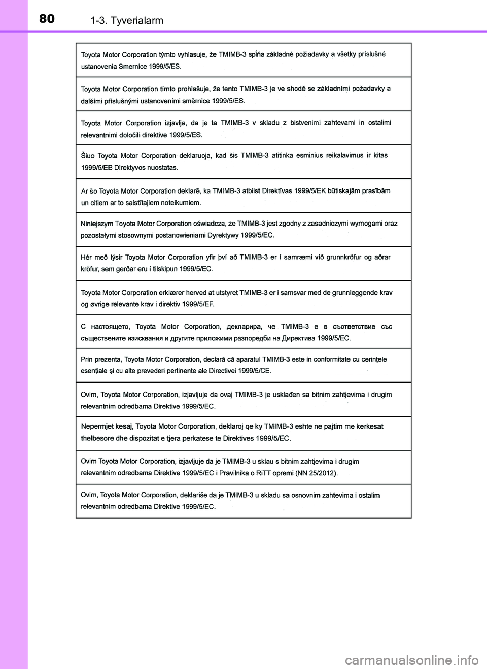 TOYOTA AYGO 2018  Brugsanvisning (in Danish) 801-3. Tyverialarm
OM99R11DK
OM99R11DK.book  Page 80  Thursday, December 14, 2017  11:19 AM 