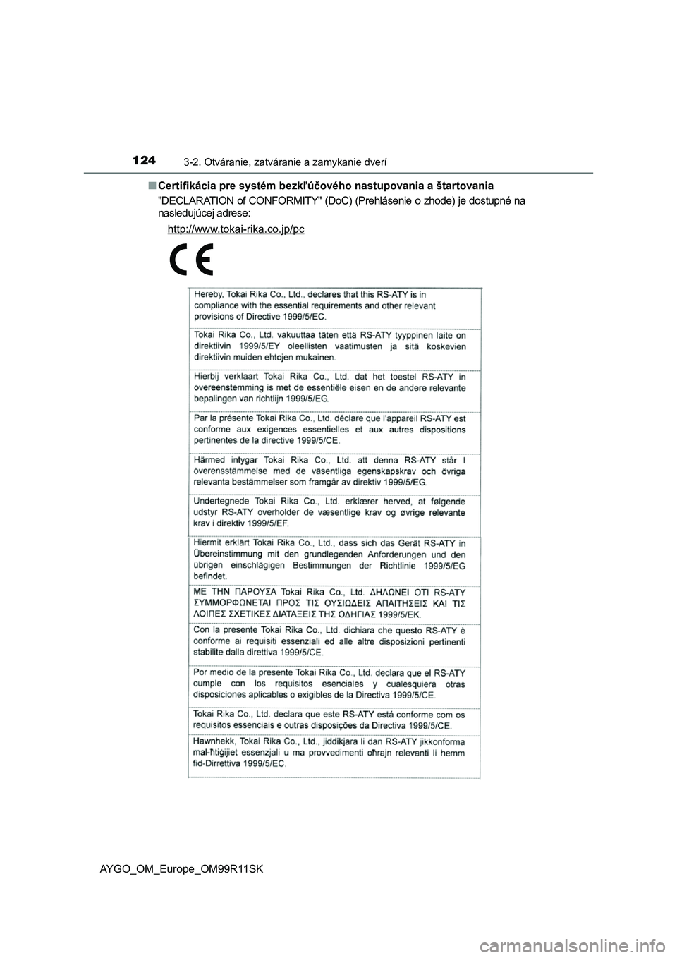 TOYOTA AYGO 2018 Návod na použitie (in Slovakian) 1243-2. Otváranie, zatváranie a zamykanie dverí
AYGO_OM_Europe_OM99R11SK
■ Certifikácia pre systém bezkľúčového nastupovania a štartovania
"DECLARATION of CONFORMITY" (D oC) (Pr TOYOTA AYGO 2018 Návod na použitie (in Slovakian) 1243-2. Otváranie, zatváranie a zamykanie dverí
AYGO_OM_Europe_OM99R11SK
■ Certifikácia pre systém bezkľúčového nastupovania a štartovania
"DECLARATION of CONFORMITY" (D oC) (Pr