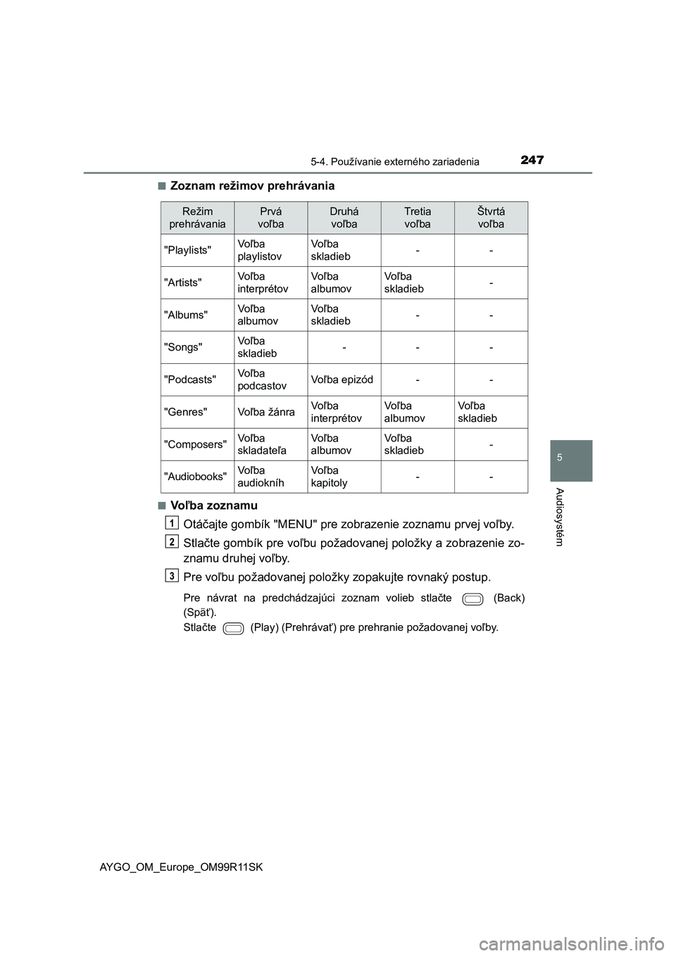 TOYOTA AYGO 2018  Návod na použitie (in Slovakian) 2475-4. Používanie externého zariadenia
5
Audiosystém
AYGO_OM_Europe_OM99R11SK■
Zoznam režimov prehrávania
■Voľba zoznamu
Otáčajte gombík "MENU" pre zobrazenie zoznamu prvej voľ