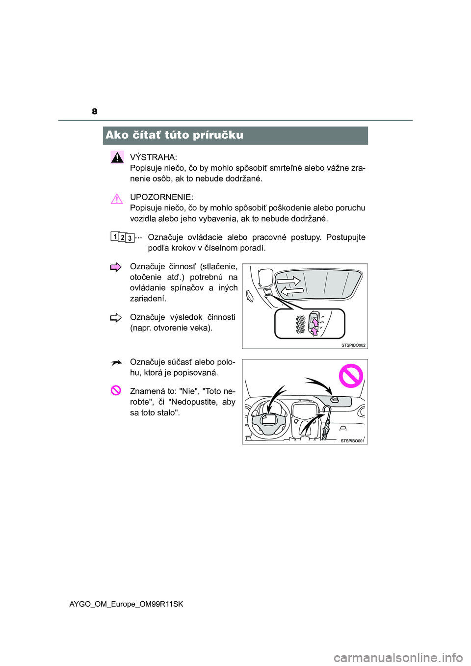 TOYOTA AYGO 2018  Návod na použitie (in Slovakian) 8
AYGO_OM_Europe_OM99R11SK
Ako čítať túto príručku
VÝSTRAHA: 
Popisuje niečo, čo by mohlo spôsobiť smrteľné alebo vážne zra-
nenie osôb, ak to nebude dodržané.
UPOZORNENIE: 
Popisuje