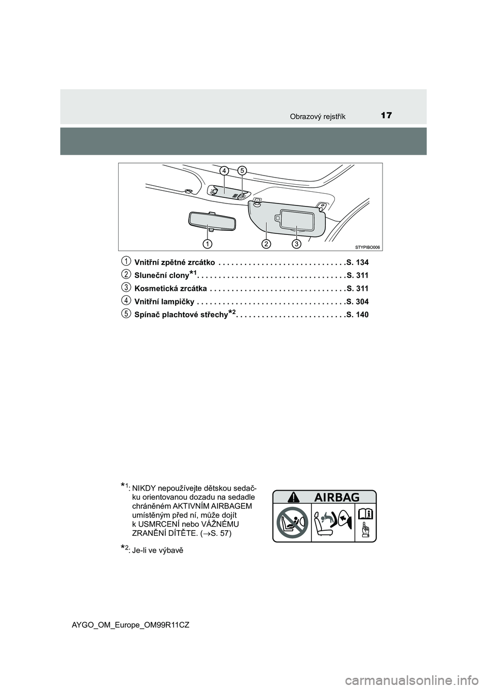 TOYOTA AYGO 2018  Návod na použití (in Czech) 17Obrazový rejstřík
AYGO_OM_Europe_OM99R11CZVnitřní zpětné zrcátko  . . . . . . . . . . . . . . . . . . . . . . . . . . . . . .S. 134
Sluneční clony
*1. . . . . . . . . . . . . . . . . . . .