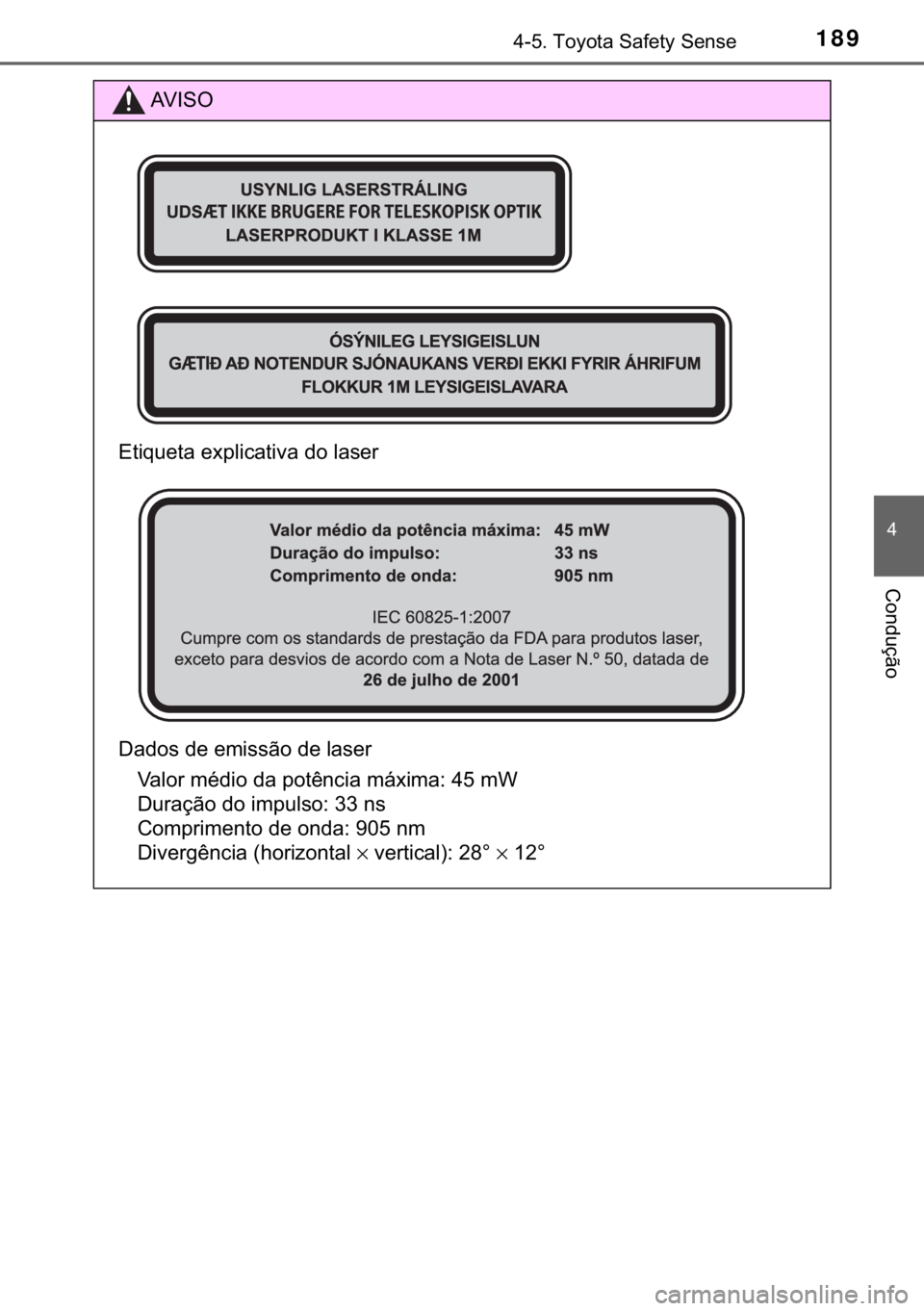 TOYOTA AYGO 2018  Manual de utilização (in Portuguese) 
189������7�R�\�R�W�D��6�D�I�H�W�\��6�H�Q�V�H
�
�&�R�Q�G�X�o�m�R
�$�9 �, �6 �2
�(�W�L�T�X�H�W�D��H�[�S�O�L�F�D�W�L�Y�D��G�R��O�D�V�H�U
��D�G�R�V��G�H��H�P�L�V�V�m�R��G�H��O�D�V�H�U �9�