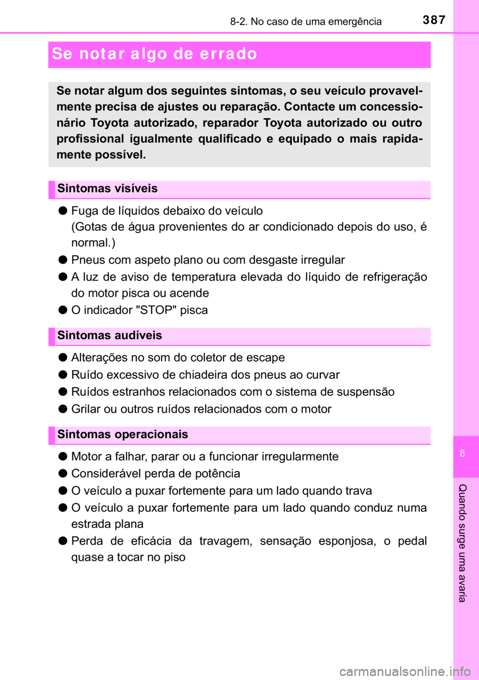TOYOTA AYGO 2018  Manual de utilização (in Portuguese) 387������1�R��F�D�V�R��G�H��X�P�D��H�P�H�U�J�r�Q�F�L�D
�
�4�X�D�Q�G�R��V�X�U�J�H��X�P�D��D�Y�D�U�L�D
Se notar algo de errado
●�)�X�J�D��G�H��O�t�T�X�L�G�R�V��G�H�E�D�L�[�R��G�R��Y�