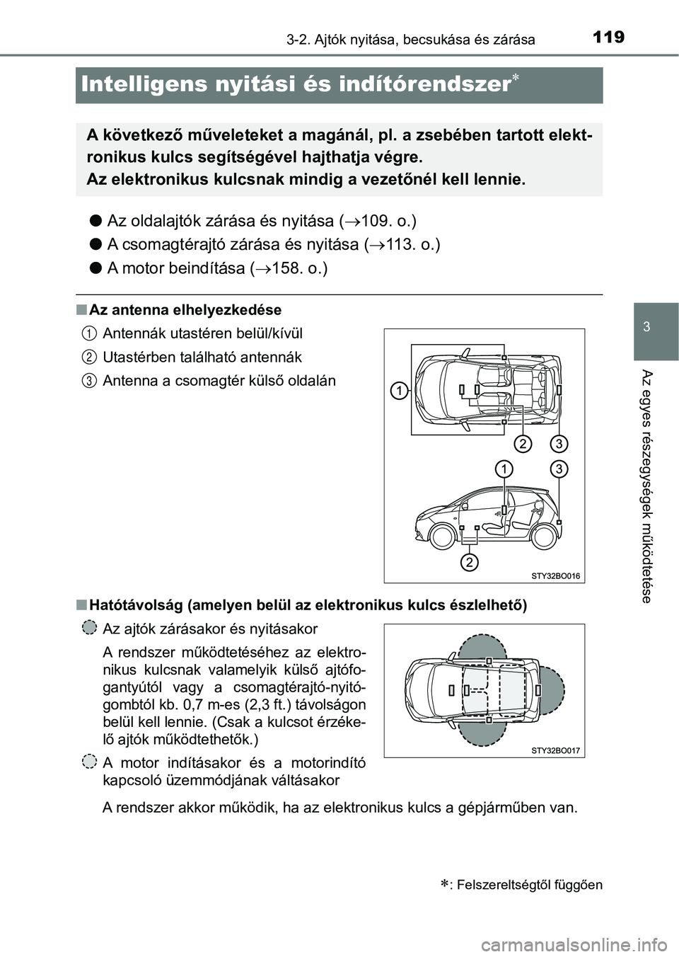 TOYOTA AYGO 2018 Kezelési útmutató (in Hungarian) 119
3
3-2. Ajtók nyitása, becsukása és zárása
Az egyes részegységek működtetése
Intelligens nyitási és indítórendszer
lAz oldalajtók zárása és nyitása ( 109. o.)
l A csomagt TOYOTA AYGO 2018 Kezelési útmutató (in Hungarian) 119
3
3-2. Ajtók nyitása, becsukása és zárása
Az egyes részegységek működtetése
Intelligens nyitási és indítórendszer
lAz oldalajtók zárása és nyitása ( 109. o.)
l A csomagt