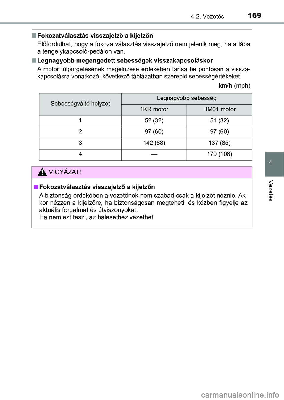 TOYOTA AYGO 2018 Kezelési útmutató (in Hungarian) 1694-2. Vezetés
4
Vezetés
nFokozatválasztás visszajelző a kijelzőn
Előfordulhat, hogy a fokozatválasztás visszajelző nem jelenik m eg, ha a lába
a tengelykapcsoló-pedálon van.
n Legnagyob TOYOTA AYGO 2018 Kezelési útmutató (in Hungarian) 1694-2. Vezetés
4
Vezetés
nFokozatválasztás visszajelző a kijelzőn
Előfordulhat, hogy a fokozatválasztás visszajelző nem jelenik m eg, ha a lába
a tengelykapcsoló-pedálon van.
n Legnagyob