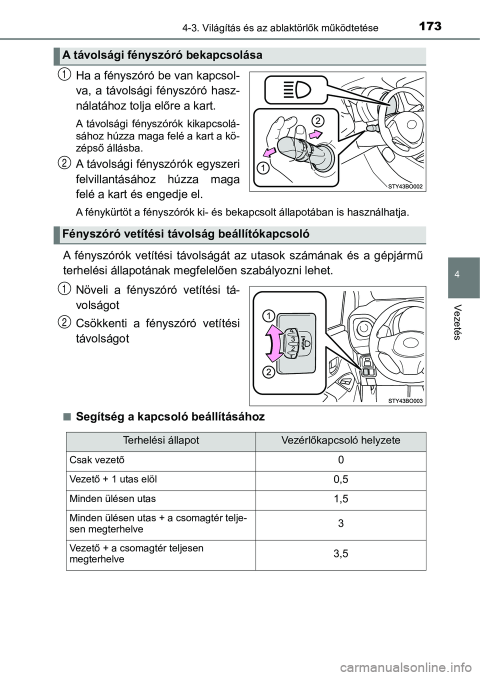 TOYOTA AYGO 2018 Kezelési útmutató (in Hungarian) 1734-3. Világítás és az ablaktörlők működtetése
4
Vezetés
Ha a fényszóró be van kapcsol-
va, a távolsági fényszóró hasz-
nálatához tolja előre a kart.
A távolsági fénysz TOYOTA AYGO 2018 Kezelési útmutató (in Hungarian) 1734-3. Világítás és az ablaktörlők működtetése
4
Vezetés
Ha a fényszóró be van kapcsol-
va, a távolsági fényszóró hasz-
nálatához tolja előre a kart.
A távolsági fénysz