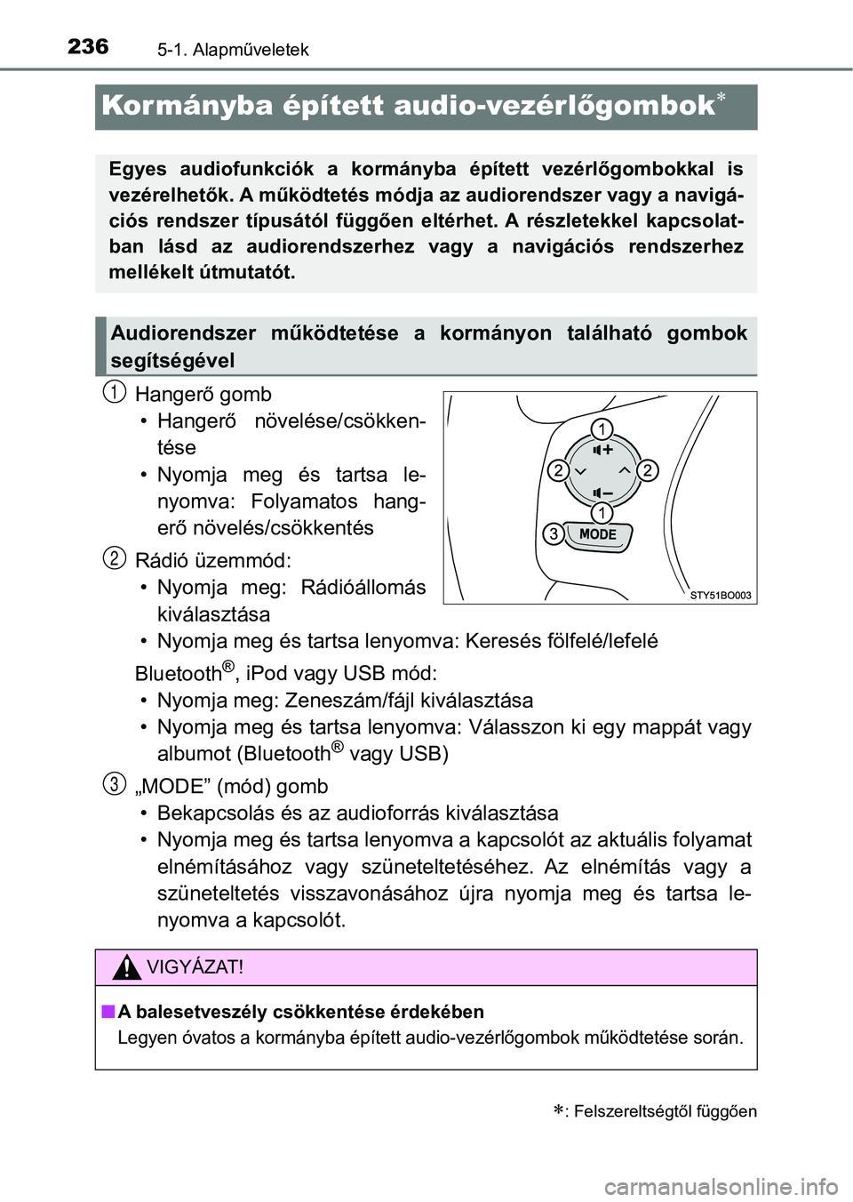 TOYOTA AYGO 2018  Kezelési útmutató (in Hungarian) 2365-1. Alapműveletek
Kormányba épített audio-vezérlőgombok
Hangerő gomb
• Hangerő  növelése/csökken- tése
• Nyomja  meg  és  tartsa  le- nyomva:  Folyamatos  hang-
erő növelés/