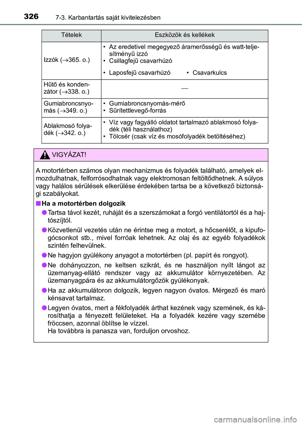 TOYOTA AYGO 2018  Kezelési útmutató (in Hungarian) 3267-3. Karbantartás saját kivitelezésben
Izzók (365. o.)
• Az eredetivel megegyező ár amerősségű és watt-telje-
sítményű izzó
• Csillagfejű csavarhúzó
• Laposfejű csavarhú