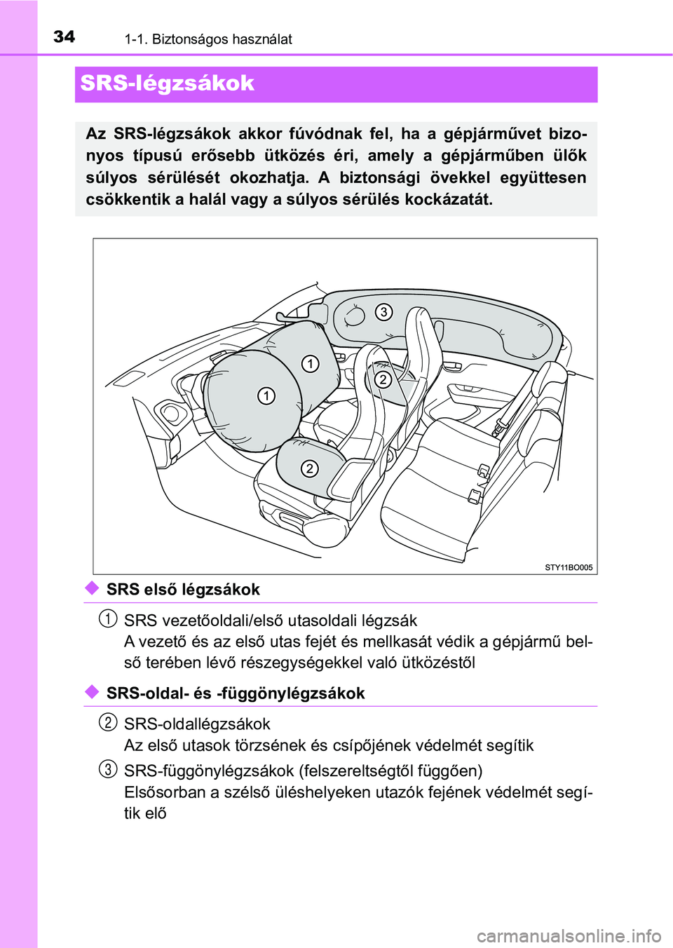 TOYOTA AYGO 2018 Kezelési útmutató (in Hungarian) 341-1. Biztonságos használat
SRS-légzsákok
uSRS első légzsákokSRS vezetőoldali/első utasoldali légzsák
A vezető és az első utas fejét é s mellkasát védik a gépjármű be l-
ső ter TOYOTA AYGO 2018 Kezelési útmutató (in Hungarian) 341-1. Biztonságos használat
SRS-légzsákok
uSRS első légzsákokSRS vezetőoldali/első utasoldali légzsák
A vezető és az első utas fejét é s mellkasát védik a gépjármű be l-
ső ter