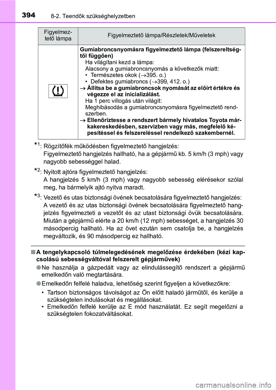 TOYOTA AYGO 2018  Kezelési útmutató (in Hungarian) 3948-2. Teendők szükséghelyzetben
*1: Rögzítőfék működésben figyelmeztető hangjelzés: Figyelmeztető hangjelzés hallható, ha a gépjármű kb. 5 km/h (3 m ph) vagy
nagyobb sebességgel h
