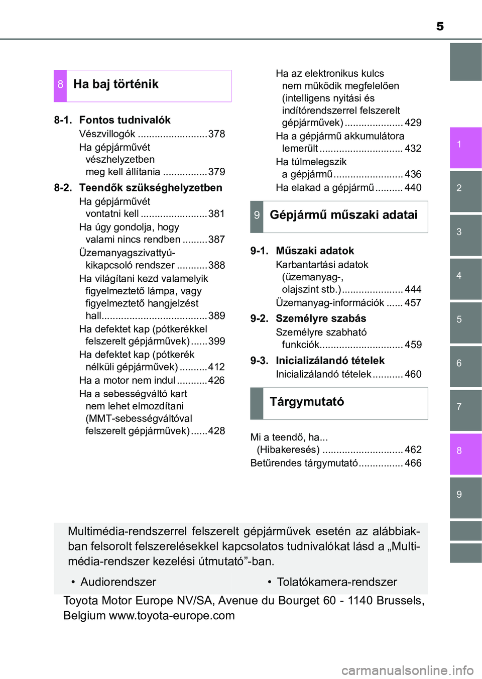 TOYOTA AYGO 2018 Kezelési útmutató (in Hungarian) 5
1
7
8 6 5
4
3
2
9
8-1. Fontos tudnivalók
Vészvillogók ......................... 378
Ha gépjárművét vészhelyzetben
meg kell állítania ................ 379
8-2. Teendők szükséghelyzetben TOYOTA AYGO 2018 Kezelési útmutató (in Hungarian) 5
1
7
8 6 5
4
3
2
9
8-1. Fontos tudnivalók
Vészvillogók ......................... 378
Ha gépjárművét vészhelyzetben
meg kell állítania ................ 379
8-2. Teendők szükséghelyzetben