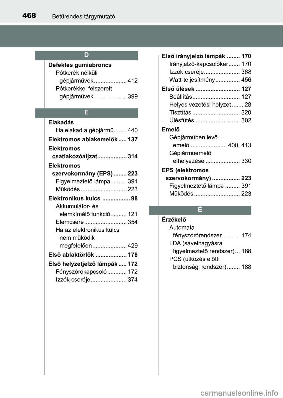 TOYOTA AYGO 2018  Kezelési útmutató (in Hungarian) 468Betűrendes tárgymutató
Defektes gumiabroncsPótkerék nélküli gépjárművek .................... 412
Pótkerékkel felszerelt  gépjárművek .................... 399
Elakadás Ha elakad a g