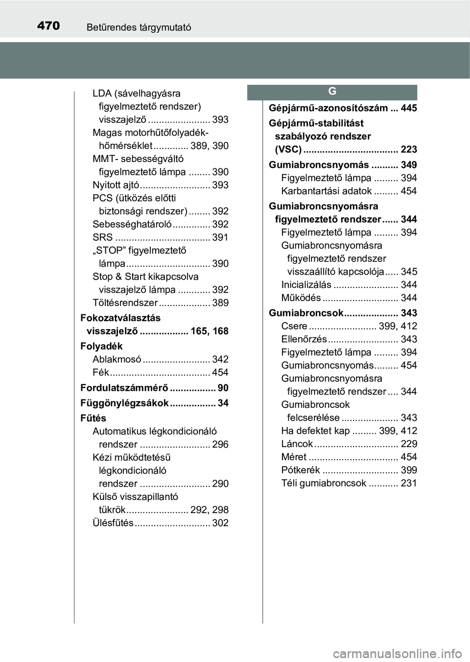 TOYOTA AYGO 2018  Kezelési útmutató (in Hungarian) 470Betűrendes tárgymutató
LDA (sávelhagyásra figyelmeztető rendszer)
visszajelző ........ ............... 393
Magas motorhűtőfolyadék- hőmérséklet ............. 389, 390
MMT- sebességvá