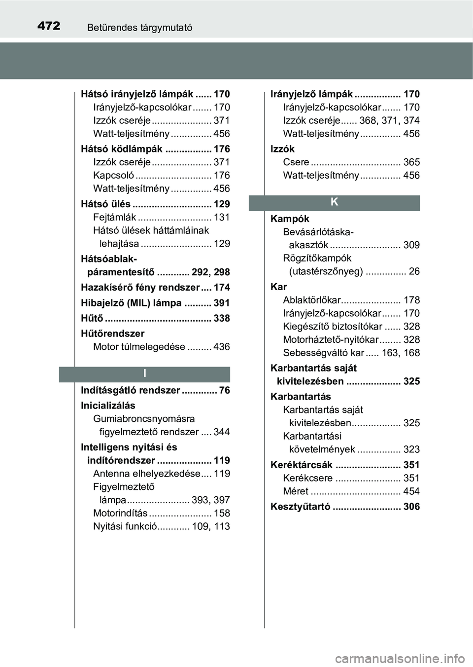 TOYOTA AYGO 2018 Kezelési útmutató (in Hungarian) 472Betűrendes tárgymutató
Hátsó irányjelző lámpák ...... 170Irányjelző-kapcsolókar ....... 170
Izzók cseréje ...................... 371
Watt-teljesítmény ............... 456
Hátsó k TOYOTA AYGO 2018 Kezelési útmutató (in Hungarian) 472Betűrendes tárgymutató
Hátsó irányjelző lámpák ...... 170Irányjelző-kapcsolókar ....... 170
Izzók cseréje ...................... 371
Watt-teljesítmény ............... 456
Hátsó k
