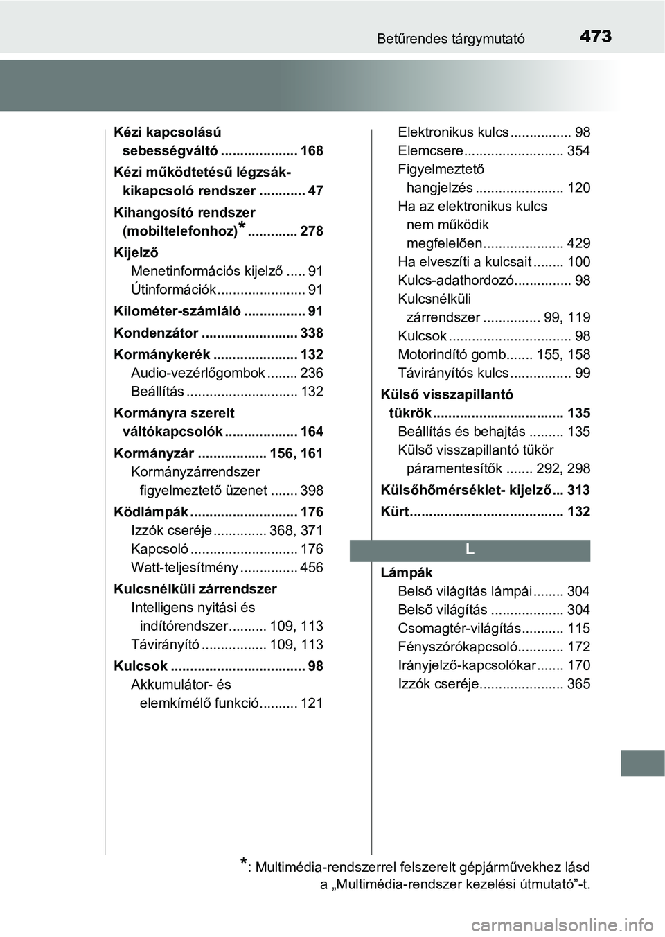 TOYOTA AYGO 2018 Kezelési útmutató (in Hungarian) 473Betűrendes tárgymutató
Kézi kapcsolású sebességváltó ..... ............... 168
Kézi működtetésű légzsák- kikapcsoló rendszer ............ 47
Kihangosító rendszer (mobiltelefonho TOYOTA AYGO 2018 Kezelési útmutató (in Hungarian) 473Betűrendes tárgymutató
Kézi kapcsolású sebességváltó ..... ............... 168
Kézi működtetésű légzsák- kikapcsoló rendszer ............ 47
Kihangosító rendszer (mobiltelefonho