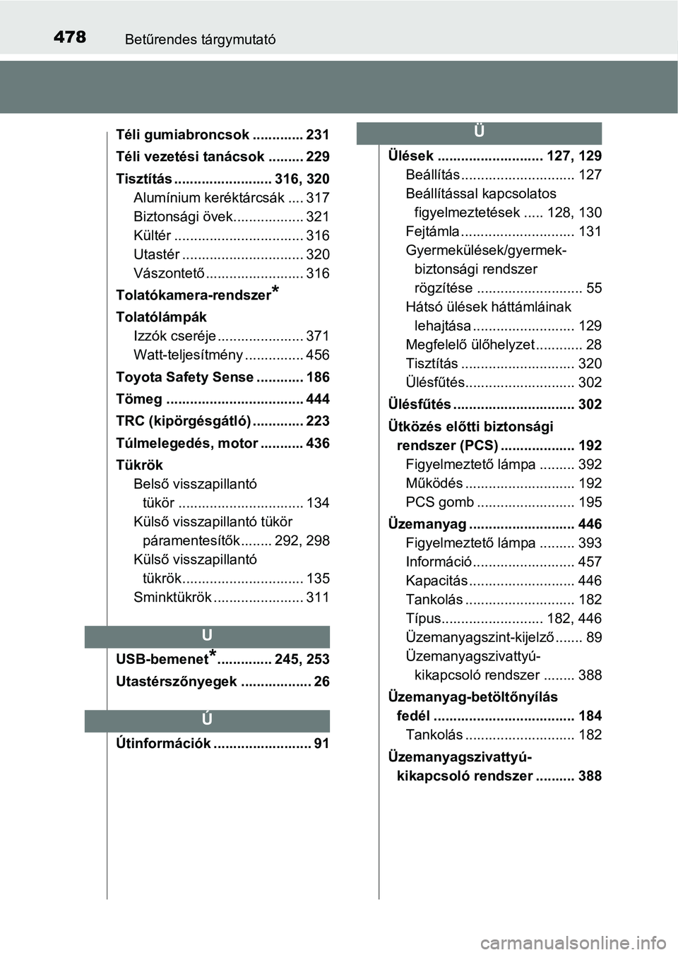 TOYOTA AYGO 2018 Kezelési útmutató (in Hungarian) 478Betűrendes tárgymutató
Téli gumiabroncsok ............. 231
Téli vezetési tanácsok ......... 229
Tisztítás ......................... 316, 320Alumínium keréktárcsák .... 317
Biztonsági TOYOTA AYGO 2018 Kezelési útmutató (in Hungarian) 478Betűrendes tárgymutató
Téli gumiabroncsok ............. 231
Téli vezetési tanácsok ......... 229
Tisztítás ......................... 316, 320Alumínium keréktárcsák .... 317
Biztonsági