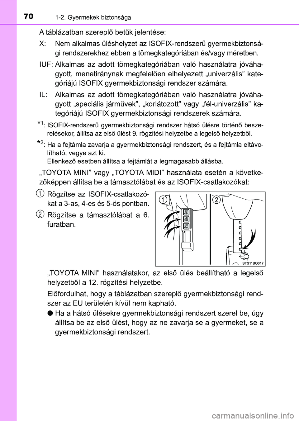 TOYOTA AYGO 2018 Kezelési útmutató (in Hungarian) 701-2. Gyermekek biztonsága
A táblázatban szereplő betűk jelentése:
X: Nem alkalmas üléshelyzet az ISOFIX-rendszerű gyermekbiztonsá-
gi rendszerekhez ebben a tömegkategóriában és/vagy m TOYOTA AYGO 2018 Kezelési útmutató (in Hungarian) 701-2. Gyermekek biztonsága
A táblázatban szereplő betűk jelentése:
X: Nem alkalmas üléshelyzet az ISOFIX-rendszerű gyermekbiztonsá-
gi rendszerekhez ebben a tömegkategóriában és/vagy m