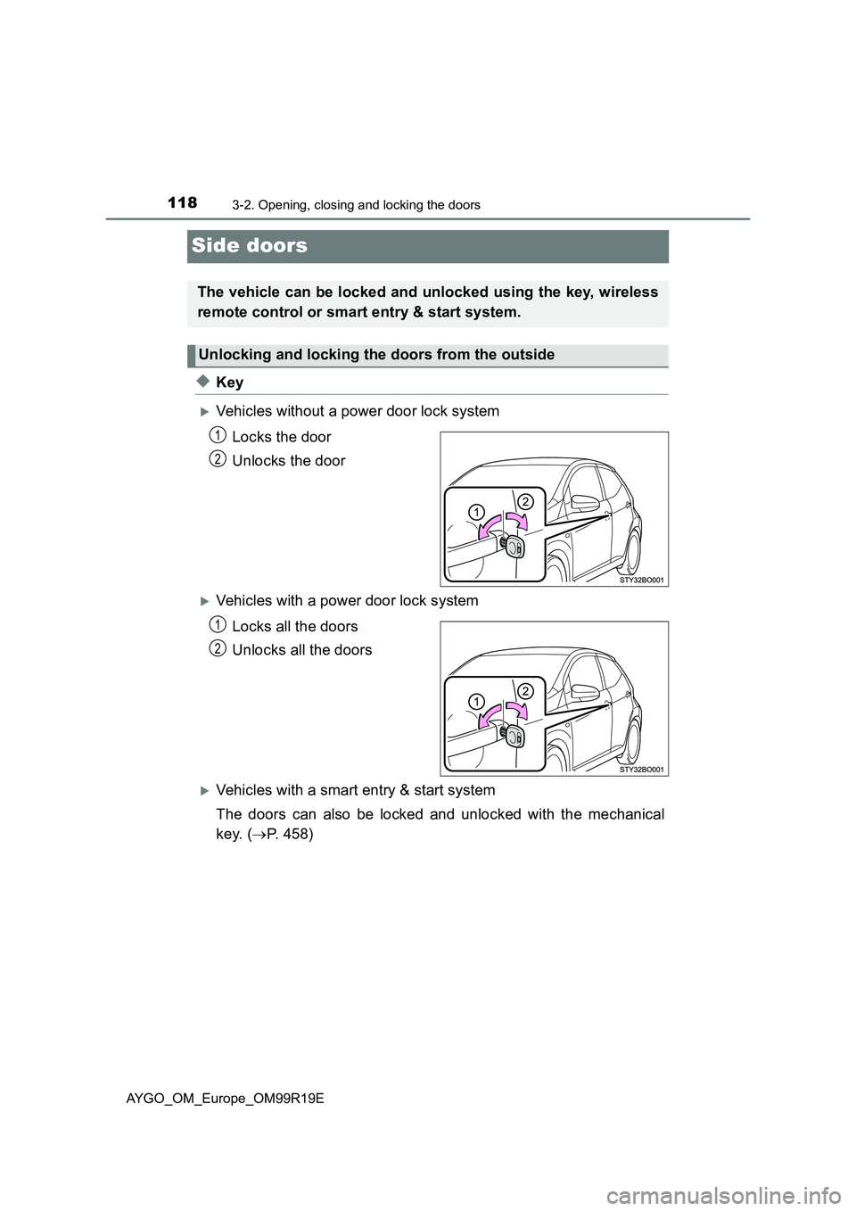 TOYOTA AYGO 2019  Owners Manual (in English) 1183-2. Opening, closing and locking the doors
AYGO_OM_Europe_OM99R19E
Side doors
◆Key
Vehicles without a power door lock system 
Locks the door 
Unlocks the door
Vehicles with a power door lo