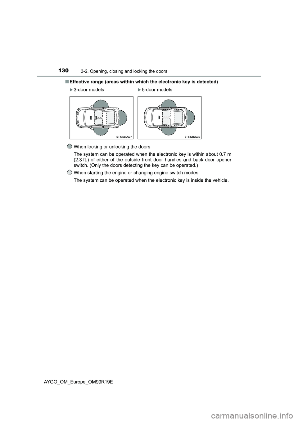 TOYOTA AYGO 2019 Owners Manual (in English) 1303-2. Opening, closing and locking the doors
AYGO_OM_Europe_OM99R19E■
Effective range (areas within which the electronic key is detected)
When locking or unlocking the doors
The system can be oper TOYOTA AYGO 2019 Owners Manual (in English) 1303-2. Opening, closing and locking the doors
AYGO_OM_Europe_OM99R19E■
Effective range (areas within which the electronic key is detected)
When locking or unlocking the doors
The system can be oper