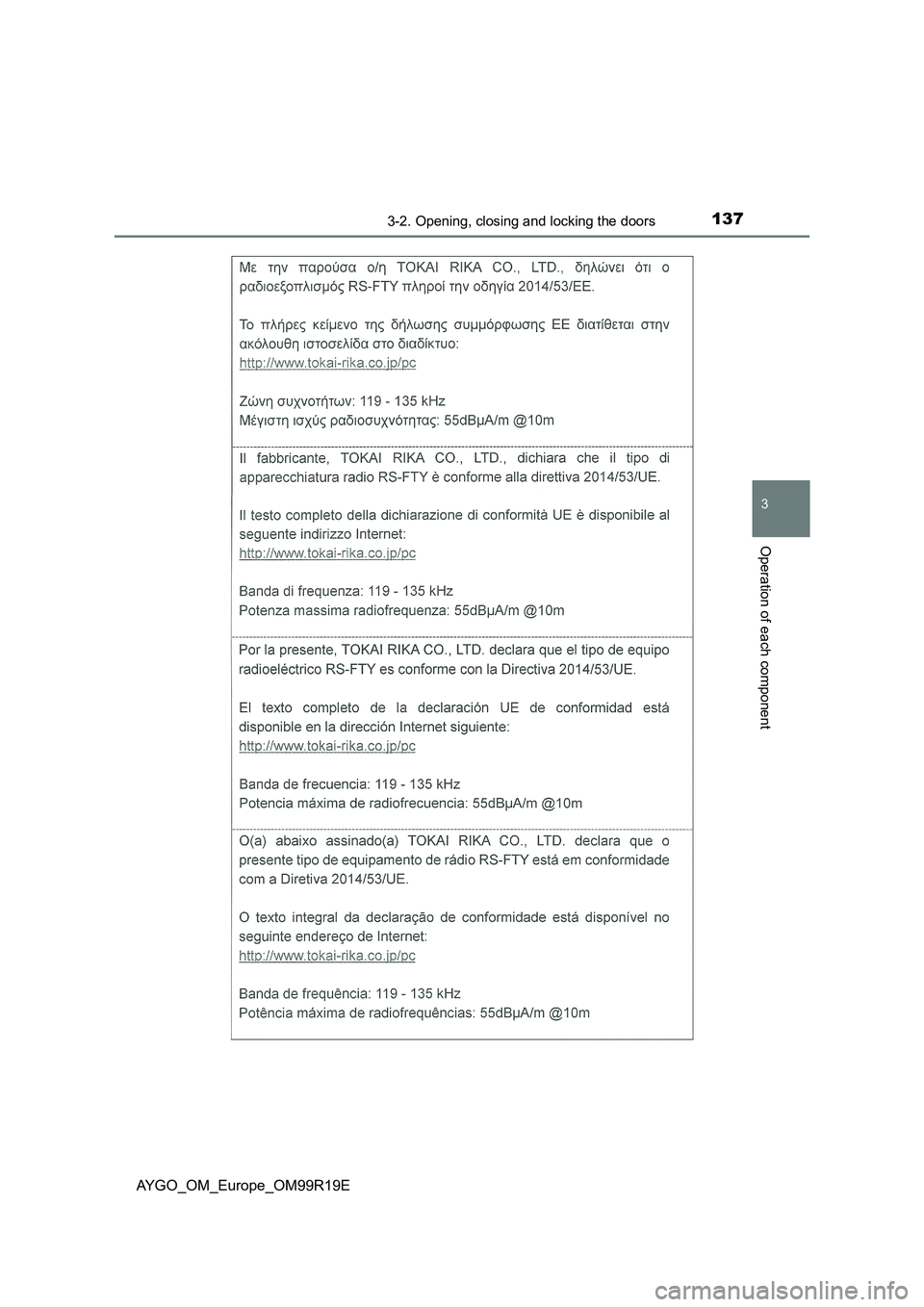 TOYOTA AYGO 2019 Owners Manual (in English) 1373-2. Opening, closing and locking the doors
3
Operation of each component
AYGO_OM_Europe_OM99R19E TOYOTA AYGO 2019 Owners Manual (in English) 1373-2. Opening, closing and locking the doors
3
Operation of each component
AYGO_OM_Europe_OM99R19E