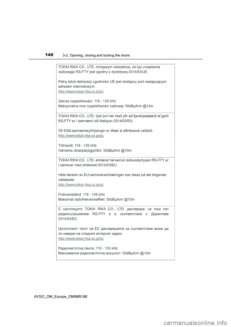 TOYOTA AYGO 2019 Owners Manual (in English) 1403-2. Opening, closing and locking the doors
AYGO_OM_Europe_OM99R19E TOYOTA AYGO 2019 Owners Manual (in English) 1403-2. Opening, closing and locking the doors
AYGO_OM_Europe_OM99R19E