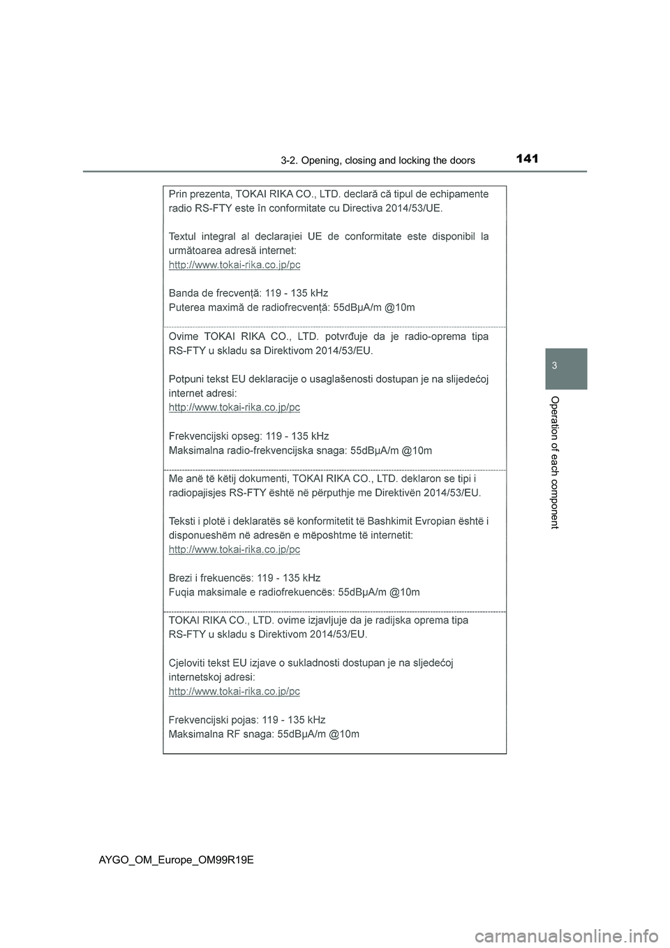 TOYOTA AYGO 2019 Owners Manual (in English) 1413-2. Opening, closing and locking the doors
3
Operation of each component
AYGO_OM_Europe_OM99R19E TOYOTA AYGO 2019 Owners Manual (in English) 1413-2. Opening, closing and locking the doors
3
Operation of each component
AYGO_OM_Europe_OM99R19E