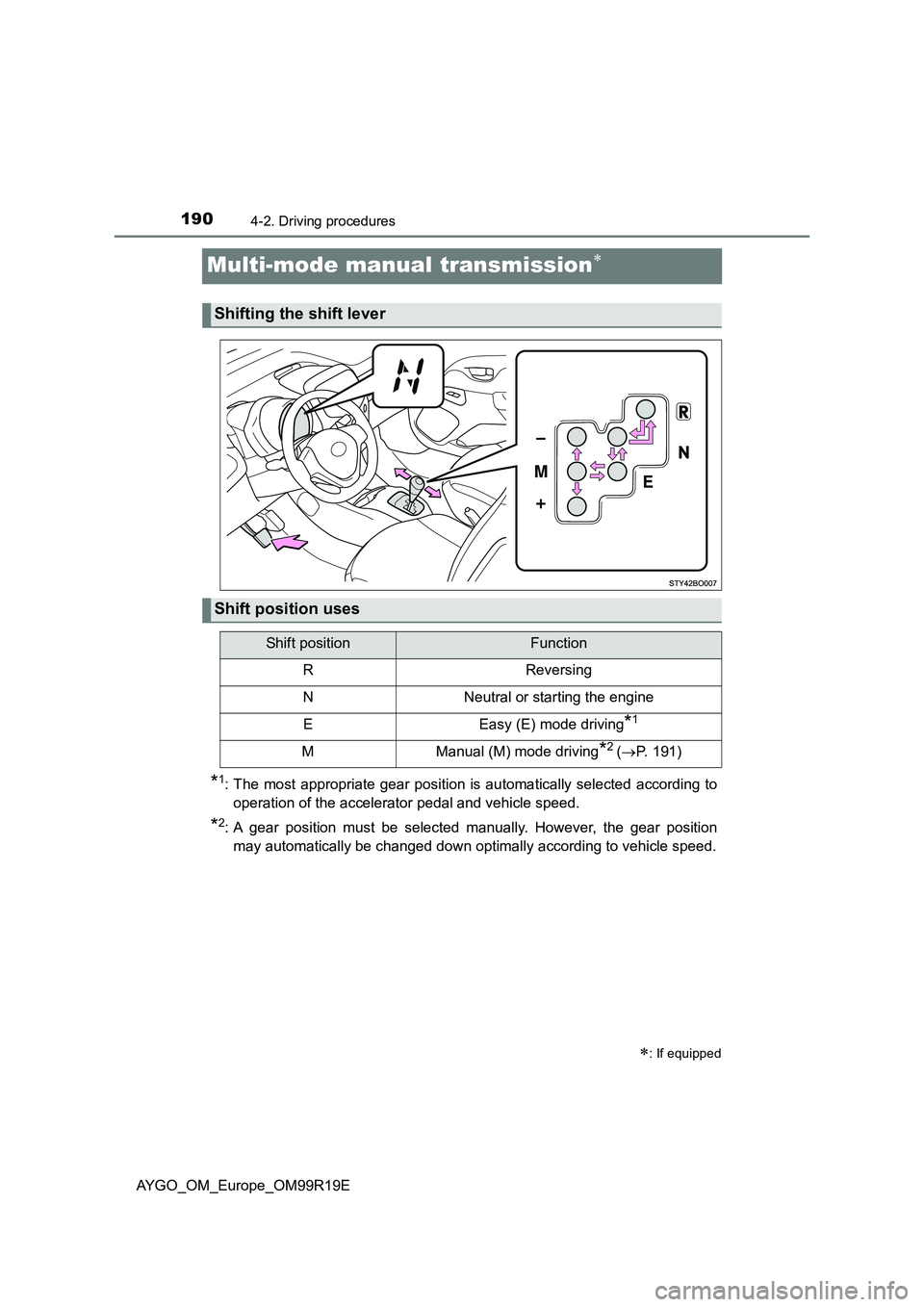 TOYOTA AYGO 2019 Owners Manual (in English) 1904-2. Driving procedures
AYGO_OM_Europe_OM99R19E
Multi-mode manual transmission
*1: The most appropriate gear position is automatically selected according to
operation of the accelerator pedal a TOYOTA AYGO 2019 Owners Manual (in English) 1904-2. Driving procedures
AYGO_OM_Europe_OM99R19E
Multi-mode manual transmission
*1: The most appropriate gear position is automatically selected according to
operation of the accelerator pedal a