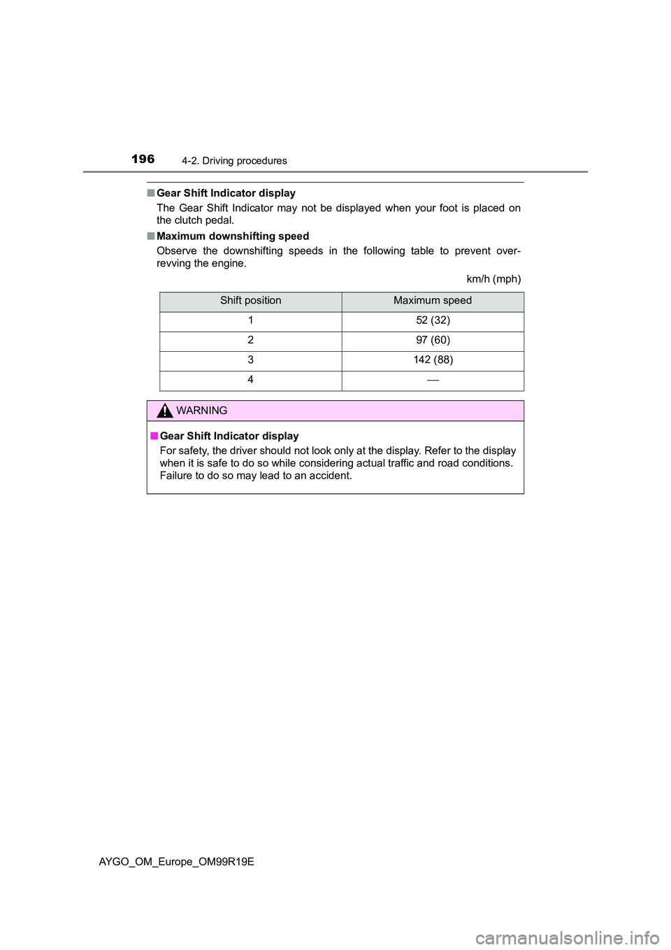 TOYOTA AYGO 2019 Owners Manual (in English) 1964-2. Driving procedures
AYGO_OM_Europe_OM99R19E
■Gear Shift Indicator display
The Gear Shift Indicator may not be displayed when your foot is placed on
the clutch pedal.
■ Maximum downshifti TOYOTA AYGO 2019 Owners Manual (in English) 1964-2. Driving procedures
AYGO_OM_Europe_OM99R19E
■Gear Shift Indicator display
The Gear Shift Indicator may not be displayed when your foot is placed on
the clutch pedal.
■ Maximum downshifti