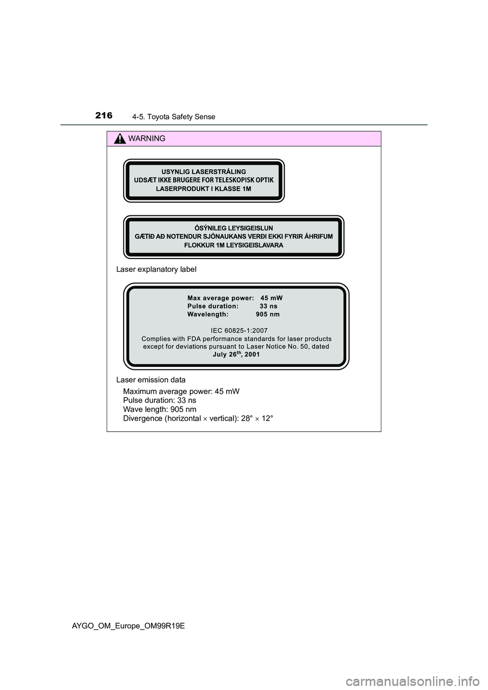 TOYOTA AYGO 2019 Owners Manual (in English) 2164-5. Toyota Safety Sense
AYGO_OM_Europe_OM99R19E
WARNING
Laser explanatory label
Laser emission data
Maximum average power: 45 mW
Pulse duration: 33 ns
Wave length: 905 nm
Divergence (horizo TOYOTA AYGO 2019 Owners Manual (in English) 2164-5. Toyota Safety Sense
AYGO_OM_Europe_OM99R19E
WARNING
Laser explanatory label
Laser emission data
Maximum average power: 45 mW
Pulse duration: 33 ns
Wave length: 905 nm
Divergence (horizo