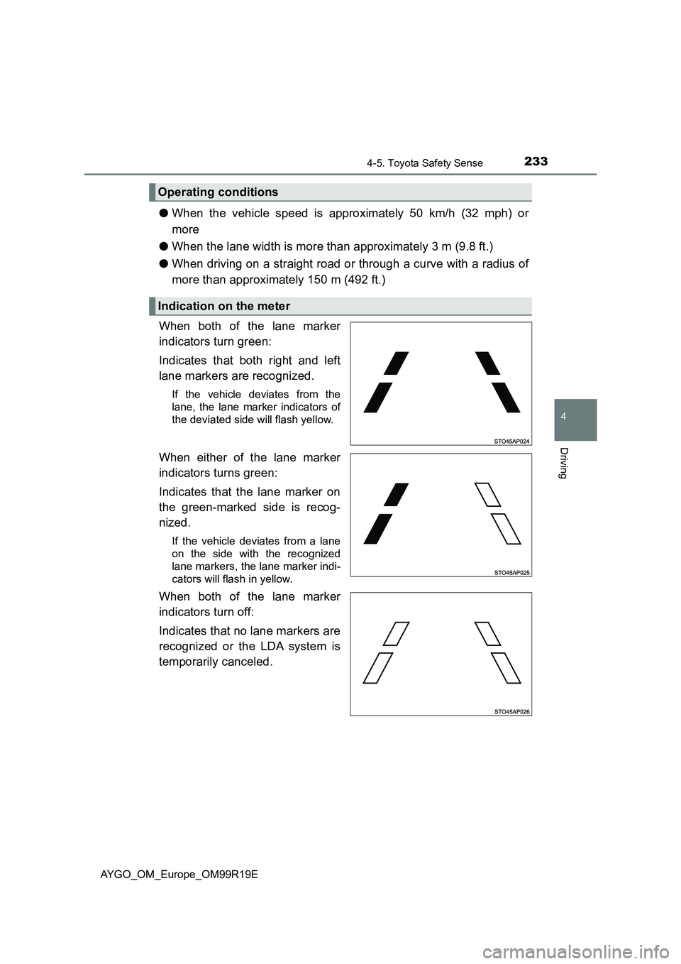 TOYOTA AYGO 2019 Owners Manual (in English) 2334-5. Toyota Safety Sense
4
Driving
AYGO_OM_Europe_OM99R19E
●When the vehicle speed is approximately 50 km/h (32 mph) or
more
● When the lane width is more than approximately 3 m (9.8 ft.)
TOYOTA AYGO 2019 Owners Manual (in English) 2334-5. Toyota Safety Sense
4
Driving
AYGO_OM_Europe_OM99R19E
●When the vehicle speed is approximately 50 km/h (32 mph) or
more
● When the lane width is more than approximately 3 m (9.8 ft.)