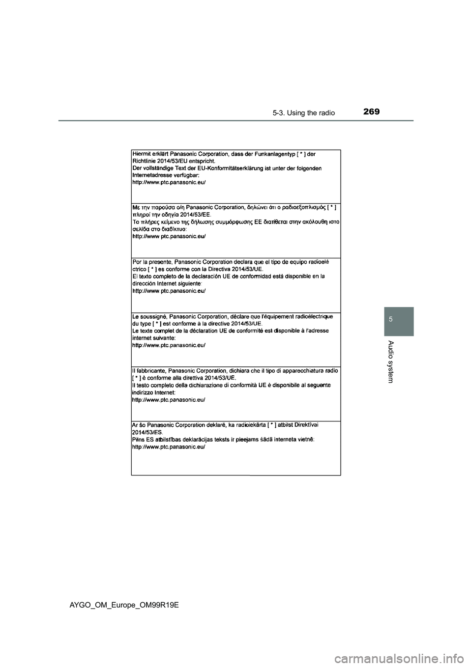 TOYOTA AYGO 2019  Owners Manual (in English) 2695-3. Using the radio
5
Audio system
AYGO_OM_Europe_OM99R19E 