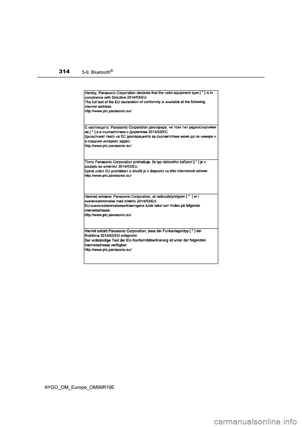 TOYOTA AYGO 2019  Owners Manual (in English) 3145-9. Bluetooth®
AYGO_OM_Europe_OM99R19E 