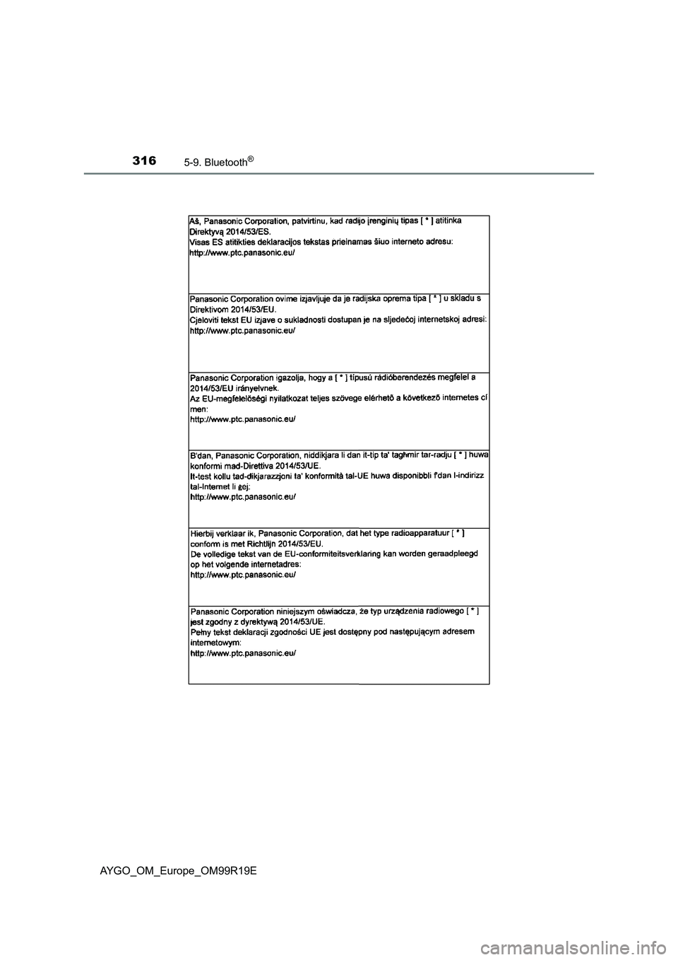TOYOTA AYGO 2019  Owners Manual (in English) 3165-9. Bluetooth®
AYGO_OM_Europe_OM99R19E 