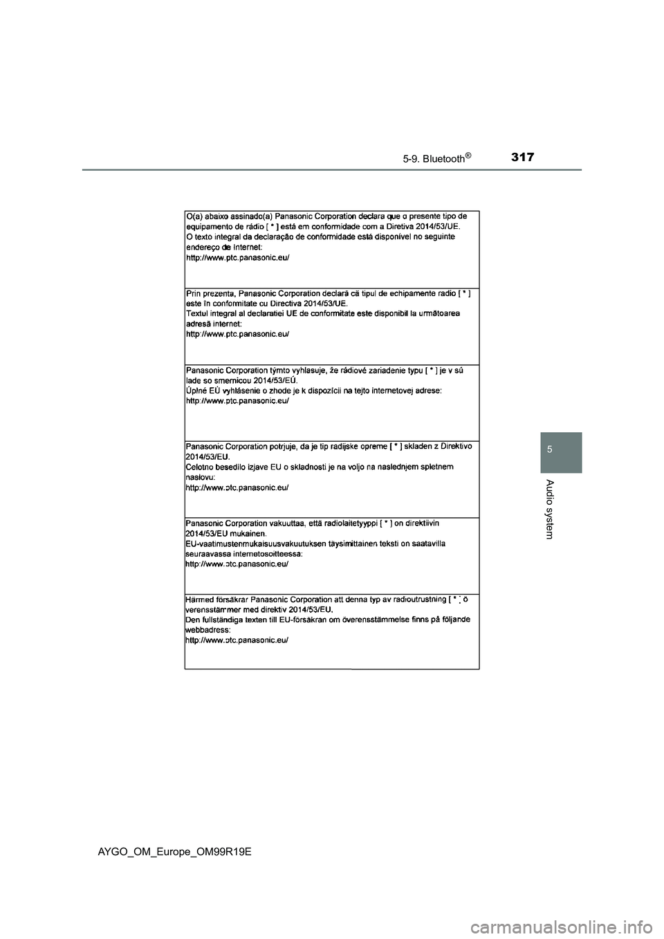 TOYOTA AYGO 2019  Owners Manual (in English) 3175-9. Bluetooth®
5
Audio system
AYGO_OM_Europe_OM99R19E 