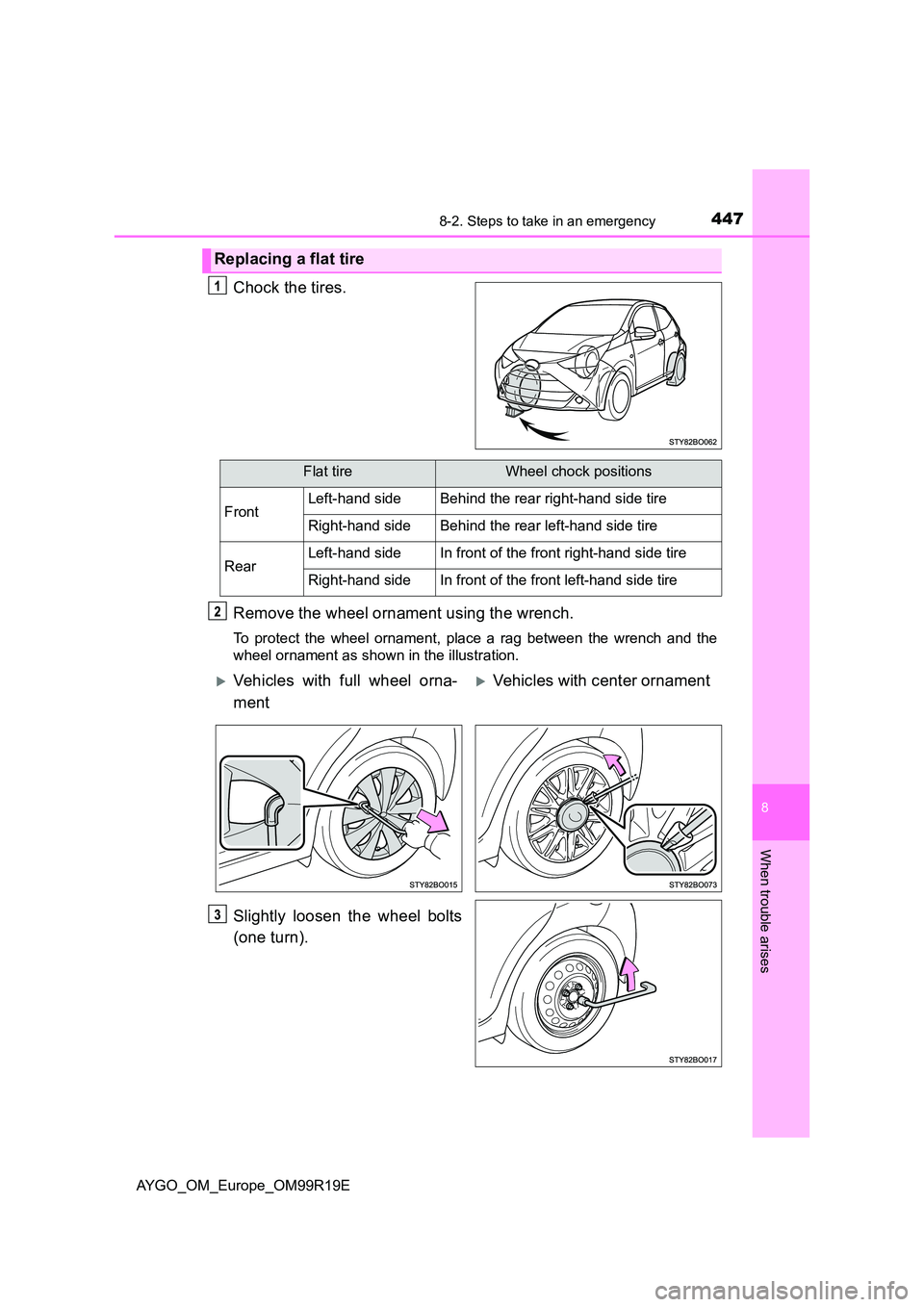 TOYOTA AYGO 2019 Owners Manual (in English) 4478-2. Steps to take in an emergency
8
When trouble arises
AYGO_OM_Europe_OM99R19E
Chock the tires.
Remove the wheel ornament using the wrench.
To protect the wheel ornament, place a rag between the TOYOTA AYGO 2019 Owners Manual (in English) 4478-2. Steps to take in an emergency
8
When trouble arises
AYGO_OM_Europe_OM99R19E
Chock the tires.
Remove the wheel ornament using the wrench.
To protect the wheel ornament, place a rag between the