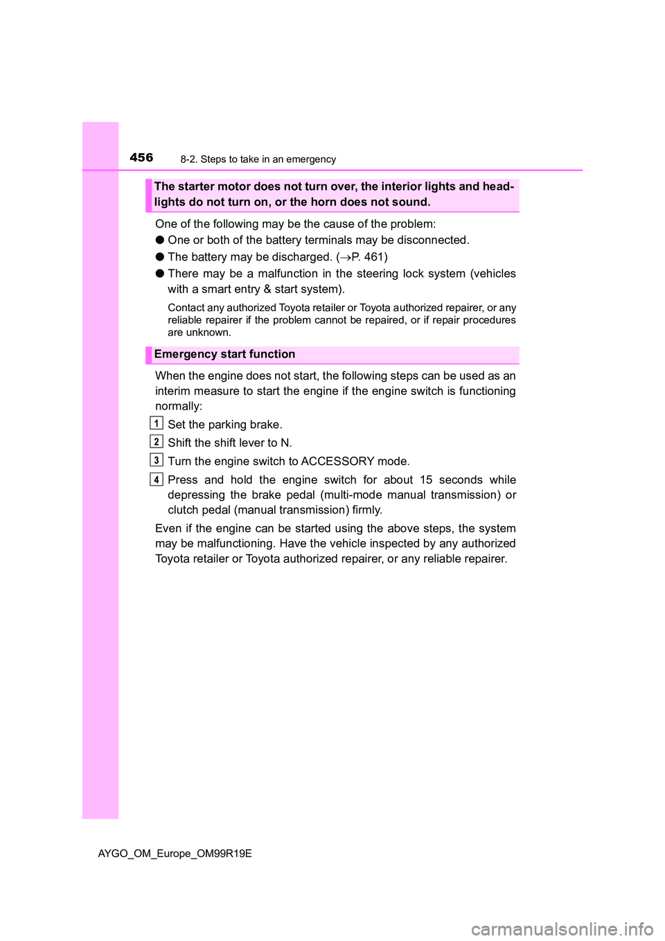 TOYOTA AYGO 2019 Owners Manual (in English) 4568-2. Steps to take in an emergency
AYGO_OM_Europe_OM99R19E
One of the following may be the cause of the problem:
● One or both of the battery terminals may be disconnected.
● The battery may TOYOTA AYGO 2019 Owners Manual (in English) 4568-2. Steps to take in an emergency
AYGO_OM_Europe_OM99R19E
One of the following may be the cause of the problem:
● One or both of the battery terminals may be disconnected.
● The battery may