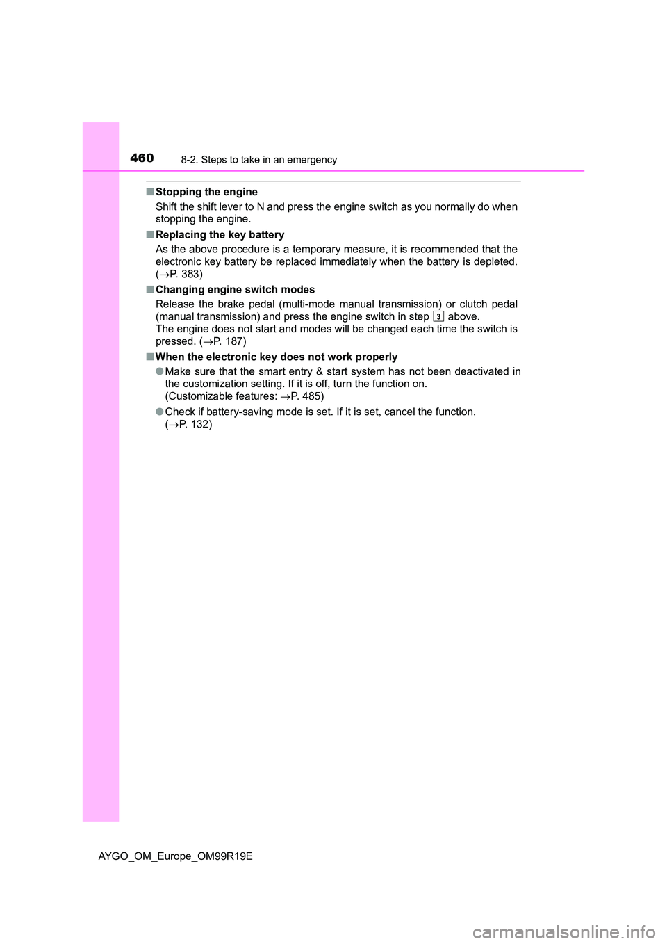 TOYOTA AYGO 2019 Owners Manual (in English) 4608-2. Steps to take in an emergency
AYGO_OM_Europe_OM99R19E
■Stopping the engine
Shift the shift lever to N and press the engine switch as you normally do when
stopping the engine.
■ Replacin TOYOTA AYGO 2019 Owners Manual (in English) 4608-2. Steps to take in an emergency
AYGO_OM_Europe_OM99R19E
■Stopping the engine
Shift the shift lever to N and press the engine switch as you normally do when
stopping the engine.
■ Replacin