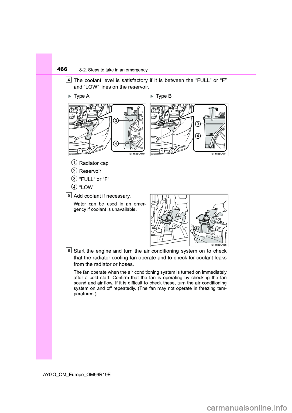 TOYOTA AYGO 2019  Owners Manual (in English) 4668-2. Steps to take in an emergency
AYGO_OM_Europe_OM99R19E
The coolant level is satisfactory if it is between the “FULL” or “F” 
and “LOW” lines on the reservoir. 
Radiator cap 
Reservo