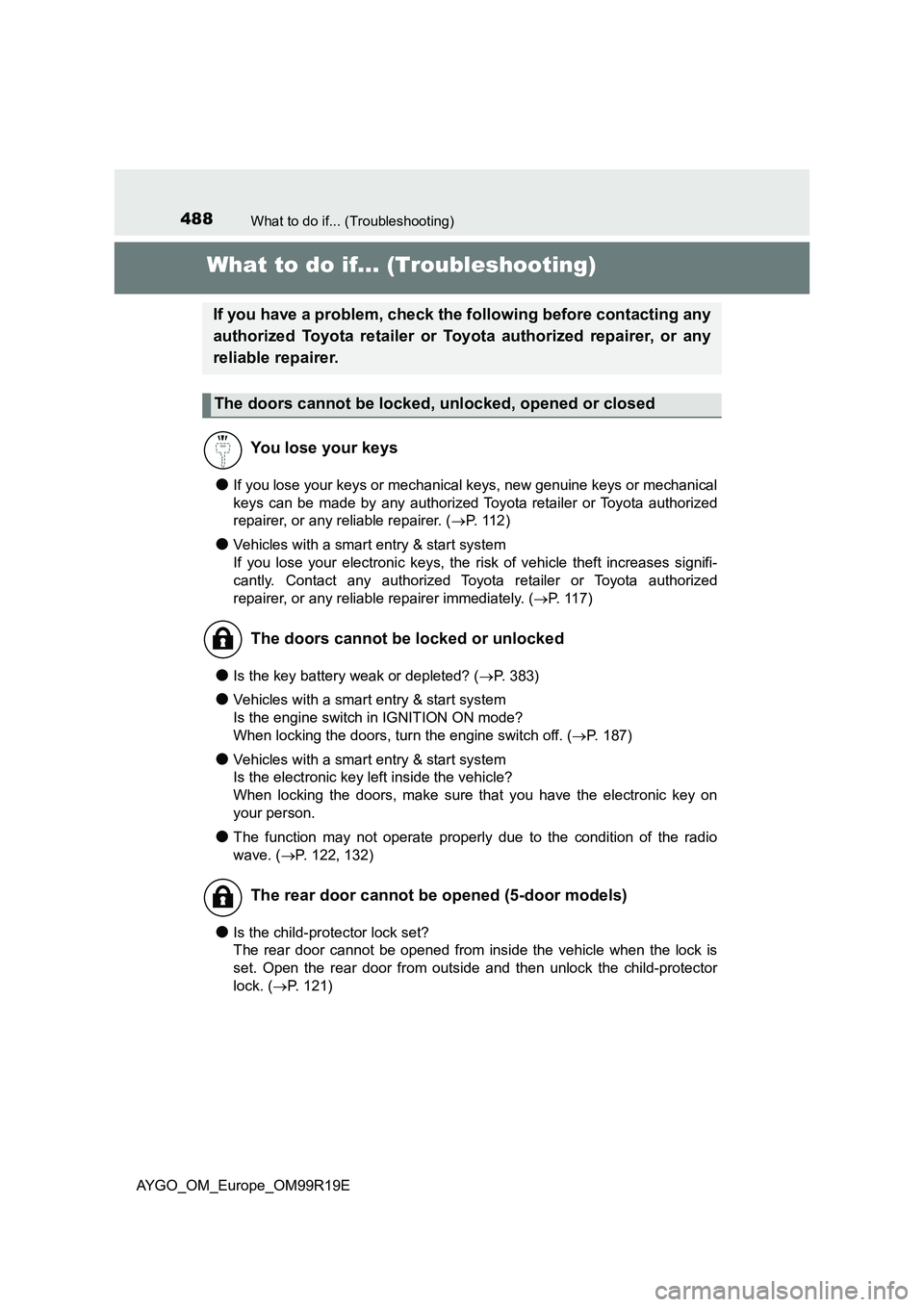 TOYOTA AYGO 2019  Owners Manual (in English) 488What to do if... (Troubleshooting)
AYGO_OM_Europe_OM99R19E
What to do if... (Troubleshooting)
●If you lose your keys or mechanical keys, new genuine keys or mechanical 
keys can be made by any au