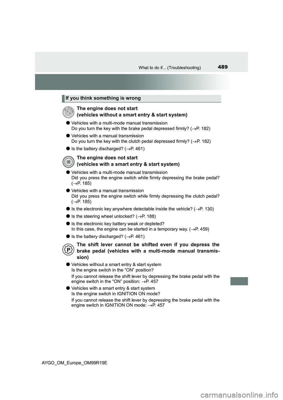 TOYOTA AYGO 2019  Owners Manual (in English) 489What to do if... (Troubleshooting)
AYGO_OM_Europe_OM99R19E
●Vehicles with a multi-mode manual transmission 
Do you turn the key with the brake pedal depressed firmly? ( P. 182)
●Vehicles wit