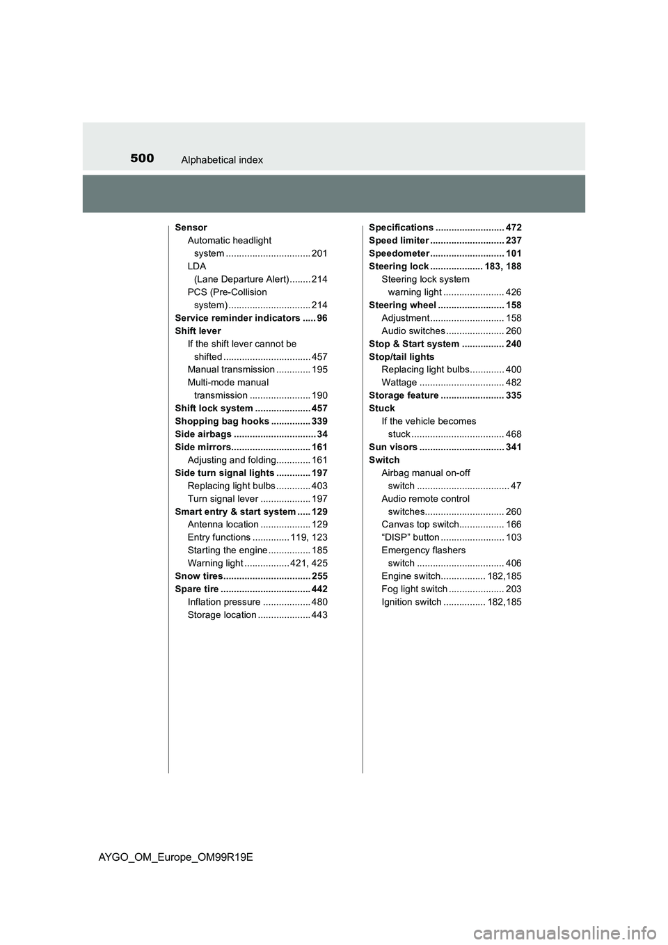 TOYOTA AYGO 2019 Owners Manual (in English) 500Alphabetical index
AYGO_OM_Europe_OM99R19E
Sensor
Automatic headlight
system ................................ 201
LDA
(Lane Departure Alert) ........ 214
PCS (Pre-Collision
system) .......... TOYOTA AYGO 2019 Owners Manual (in English) 500Alphabetical index
AYGO_OM_Europe_OM99R19E
Sensor
Automatic headlight
system ................................ 201
LDA
(Lane Departure Alert) ........ 214
PCS (Pre-Collision
system) ..........