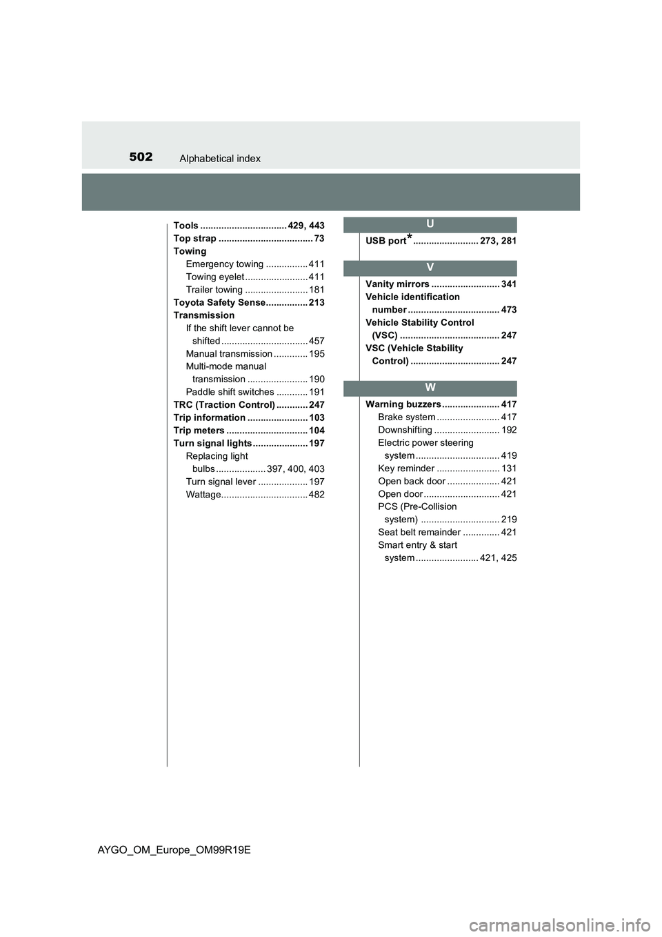 TOYOTA AYGO 2019  Owners Manual (in English) 502Alphabetical index
AYGO_OM_Europe_OM99R19E
Tools ................................. 429, 443 
Top strap .................................... 73
Towing
Emergency towing ................ 411 
Towing e