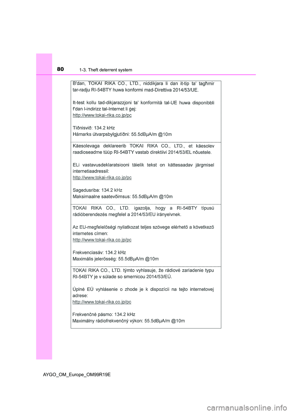 TOYOTA AYGO 2019   (in English) Manual PDF 801-3. Theft deterrent system
AYGO_OM_Europe_OM99R19E 