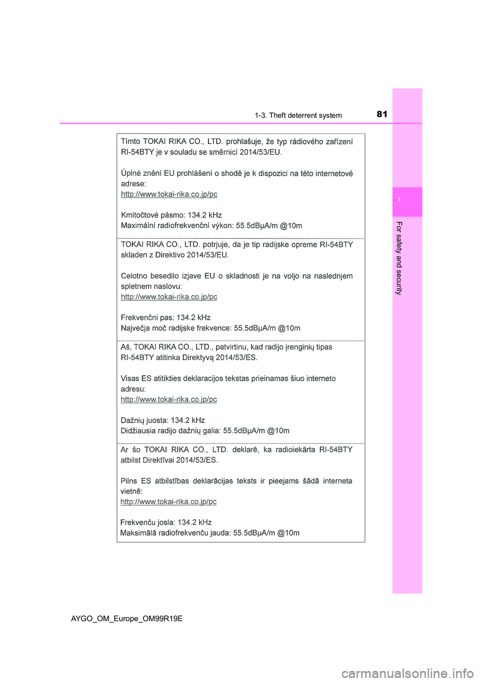 TOYOTA AYGO 2019 (in English) Manual Online 811-3. Theft deterrent system
1
For safety and security
AYGO_OM_Europe_OM99R19E TOYOTA AYGO 2019 (in English) Manual Online 811-3. Theft deterrent system
1
For safety and security
AYGO_OM_Europe_OM99R19E