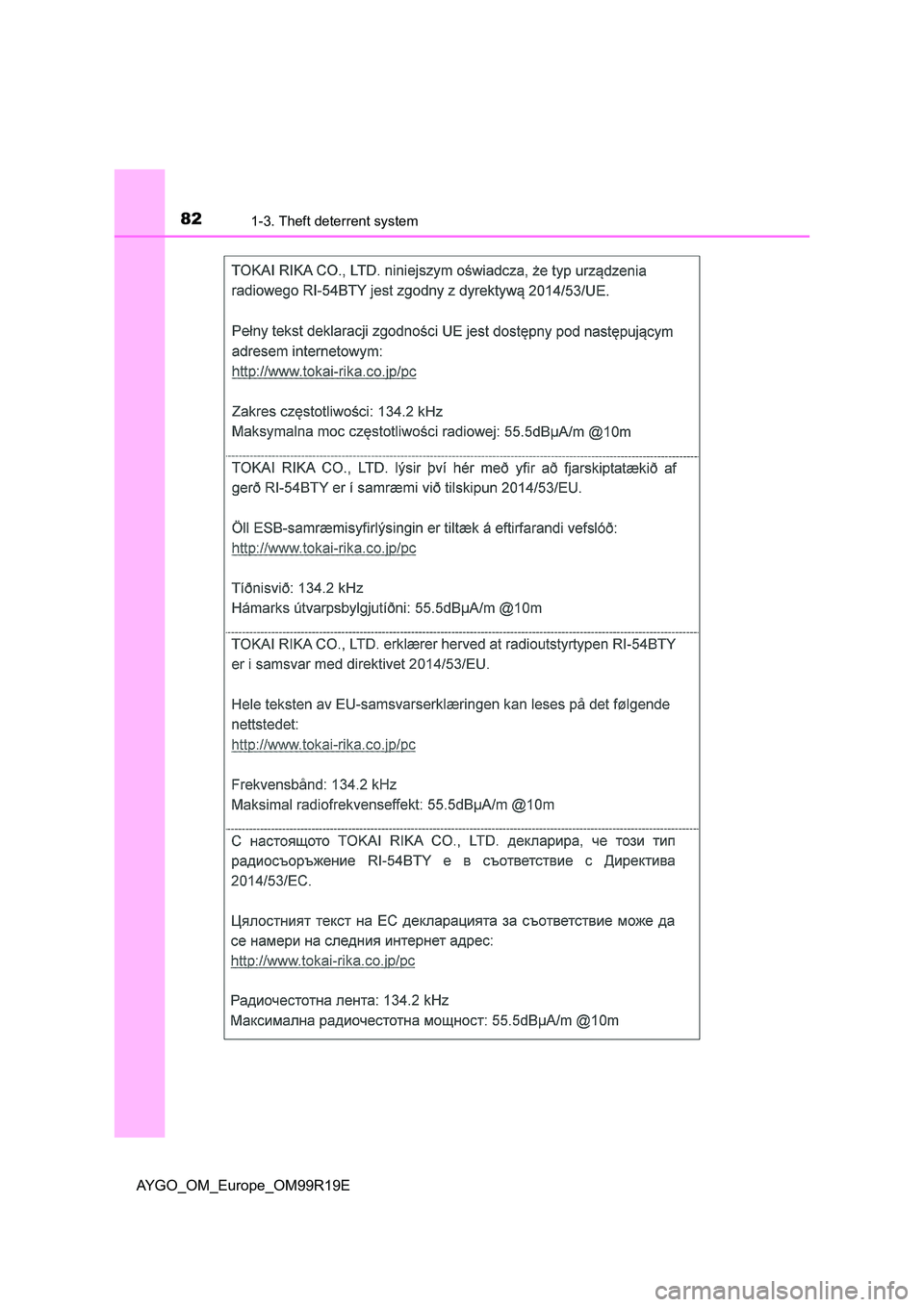 TOYOTA AYGO 2019 (in English) Manual Online 821-3. Theft deterrent system
AYGO_OM_Europe_OM99R19E TOYOTA AYGO 2019 (in English) Manual Online 821-3. Theft deterrent system
AYGO_OM_Europe_OM99R19E