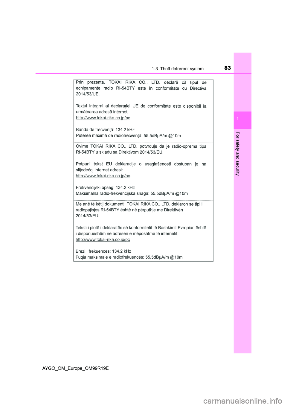 TOYOTA AYGO 2019 (in English) Manual Online 831-3. Theft deterrent system
1
For safety and security
AYGO_OM_Europe_OM99R19E TOYOTA AYGO 2019 (in English) Manual Online 831-3. Theft deterrent system
1
For safety and security
AYGO_OM_Europe_OM99R19E