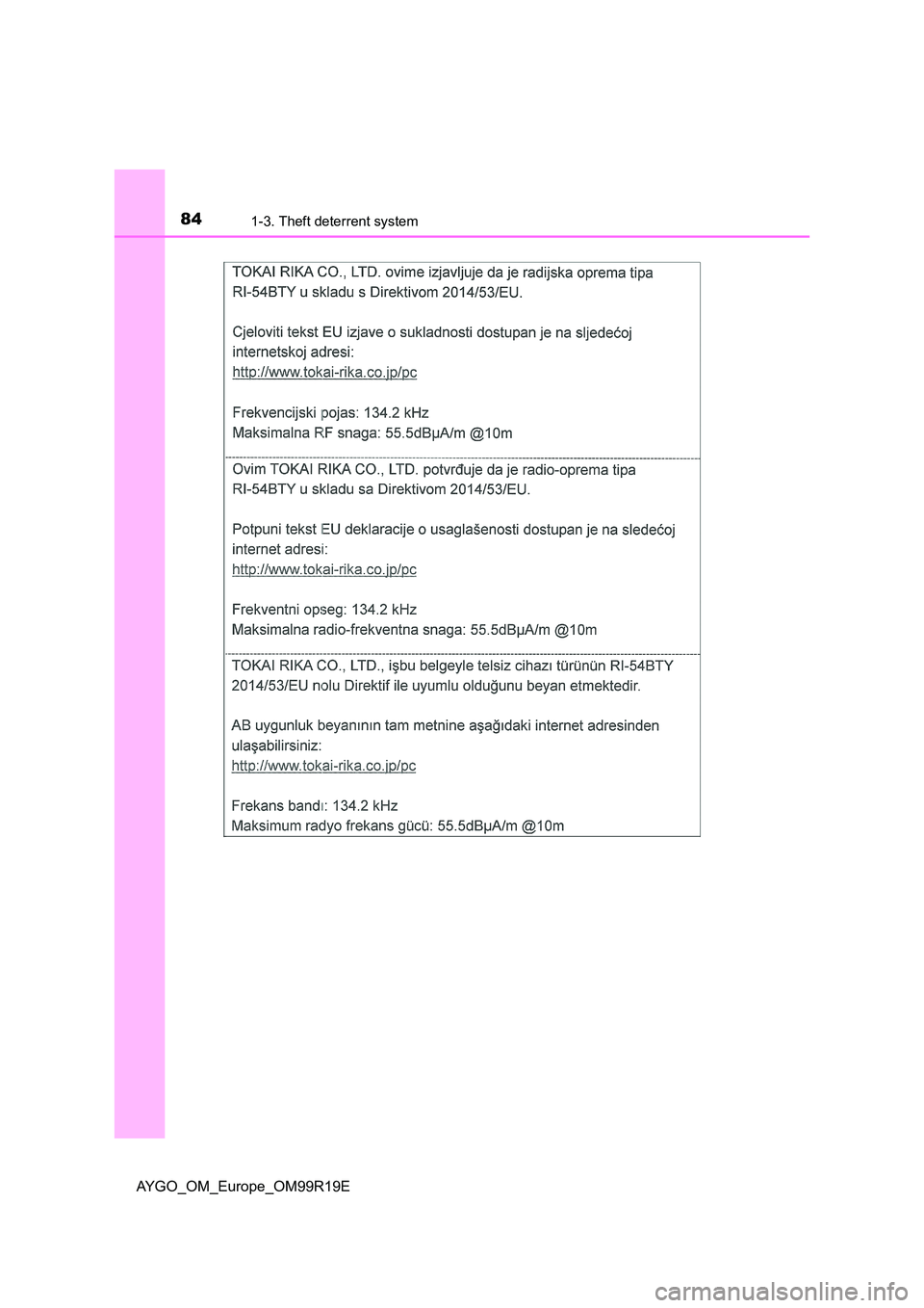 TOYOTA AYGO 2019 (in English) Manual Online 841-3. Theft deterrent system
AYGO_OM_Europe_OM99R19E TOYOTA AYGO 2019 (in English) Manual Online 841-3. Theft deterrent system
AYGO_OM_Europe_OM99R19E